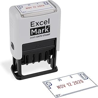 ExcelMark 2445 Date Stamp with Text - Blue and Red Ink (Gray Mount, Paid)