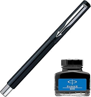 Parker Vector Standard CT Fountain Pen - Black + Quink Ink Bottle - Blue (30ML)