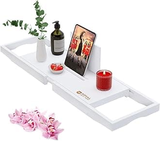 Bamboo Bathtub Caddy Tray with Wine and Book Holder - One or Two Person Bath Tray with Extending Sides - Free Soap Dish - White