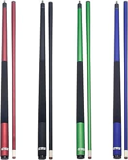 GSE Games & Sports Expert 58" 2-Piece Fiberglass Graphite Composite Billiard Pool Cue Sticks, Set of 4, 18/19/20/21oz, Matte Finish, Red, Green, Blue, Black
