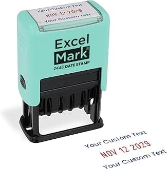 ExcelMark 2445 Date Stamp with Text - Blue and Red Ink (Seafoam Mount, Custom)