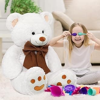 MorisMos 4 Feet Giant Teddy Bear Stuffed Animal, 47" Large White Teddy Bear Plush with Footprints and Big Bow, Valentines Christmas for Girlfriend, Wife, Girls, Baby Shower Decor