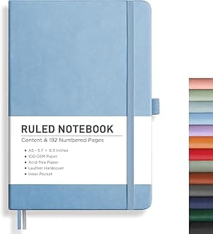 RETTACY Lined Journal Notebook, 192 Numbered Pages, A5 Medium Size (5.7'' x 8.3''), for Men & Women, Journaling, Writing, Work & Office, Leather Hardcover, 100 GSM Thick Paper (Light Blue)