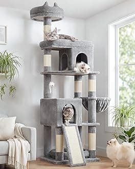 Globlazer Heavy Duty Cat Trees for Large Cats, Sturdy 72in Maine Coon Cat Tree for Large Cats 20 lbs+ Heavy Duty Cat Tower for Adult Biggest Cat with 6 Scratching Posts, Hammock, S72, Light Grey