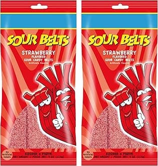 Snacktery Red Strawberry Sour Belts - Vibrant & Tangy Strawberry Sour Strips - Non GMO, Vegan & Kosher Strawberry Belts Candy - 4 Ounce, 2 Pack